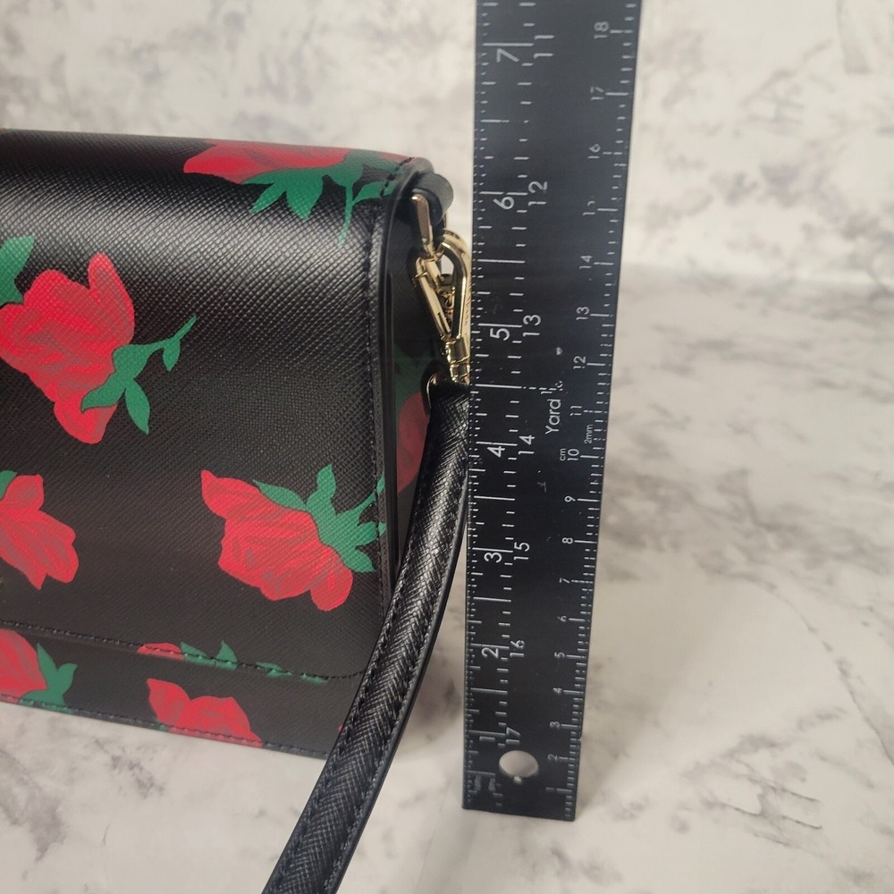 Kate Spade New York Rose Print Saffiano Leather Crossbody Bag Black Red Floral - Picture 13 of 13
